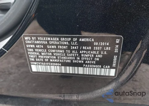 2015 Volkswagen Passat 2.0L Tdi Sel Premium z USA, uszkodzony, nr VIN 1VWCV7A31FC029804